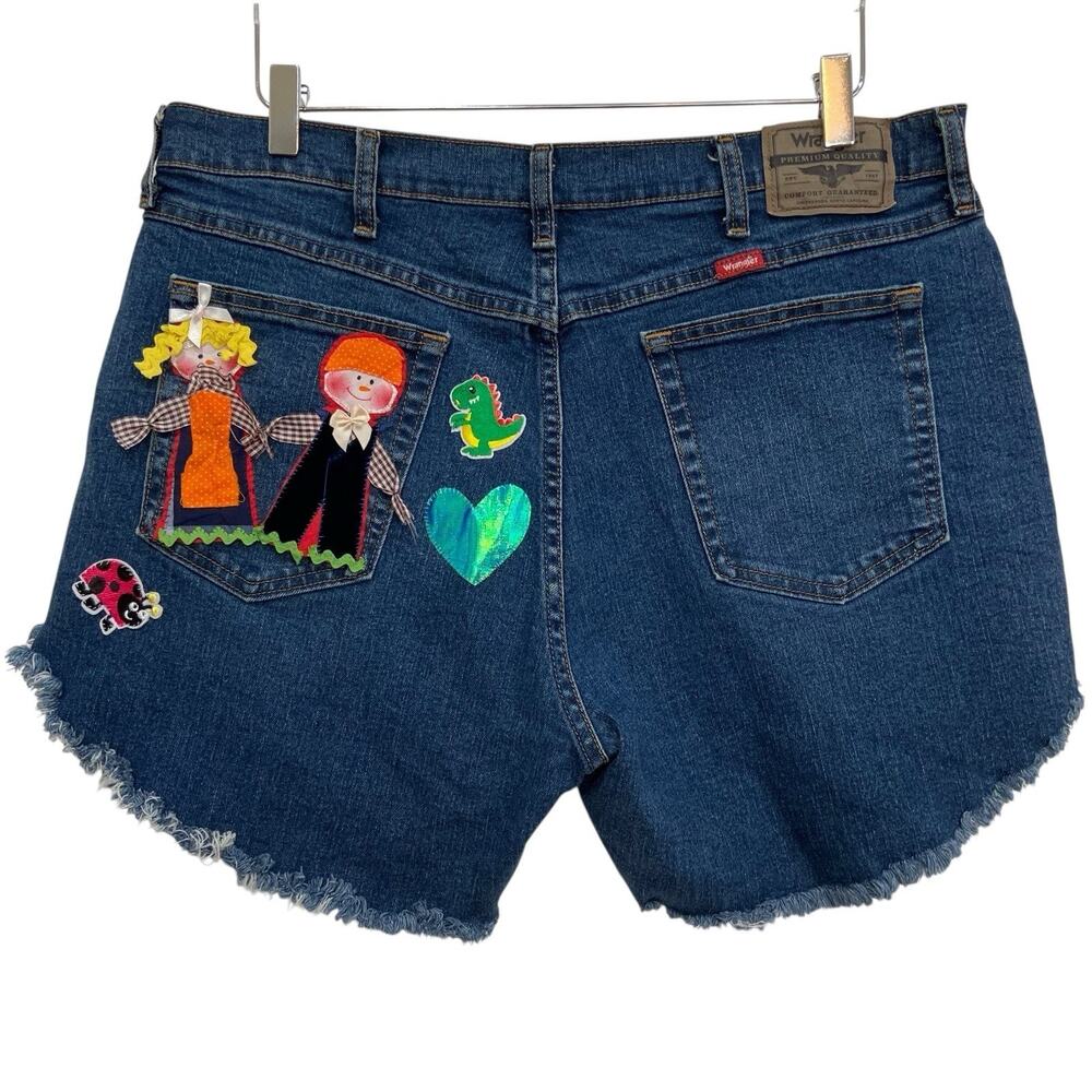 Wrangler Blue Denim Cut Off Jean Shorts Size 36 with Fun Appliqué Patches